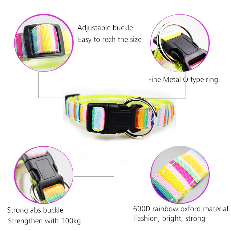 Cute Dog Collars And Leashes 600D Rainbow Oxford Material With Strong ABS Buckle