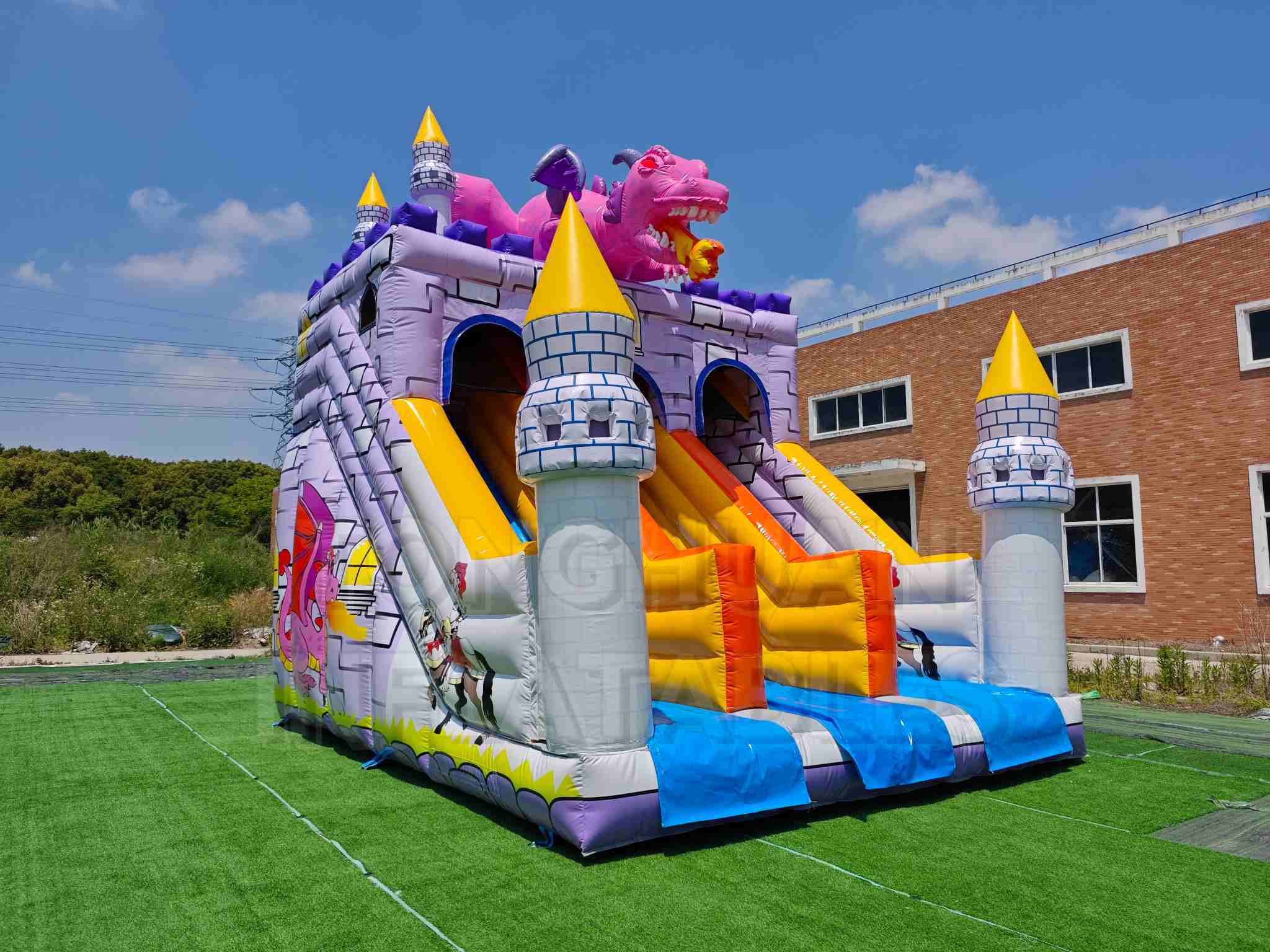 Custom Dragon Castle Inflatable Slide with Dual Lanes Climbing Wall and Tower Design for Kids Party Rental School Carnival and Outdoor Event Projects