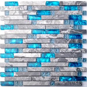 China Sea Blue Grey Marble Glass Kitchen Backsplash Mosaic Tiles For Bathroom Bathtub on sale