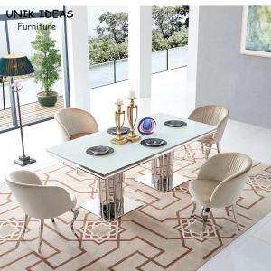 China Luxury Glass Dining Room Table Set 6 Chairs With Metal Leg Chrome wholesale