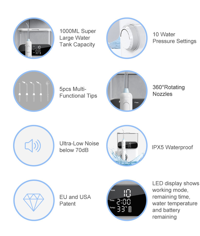 Oral Irrigator 1000ml UV Disinfection Dental Washing Machine Display Screen Cordless Water Flosser with Toothbrush