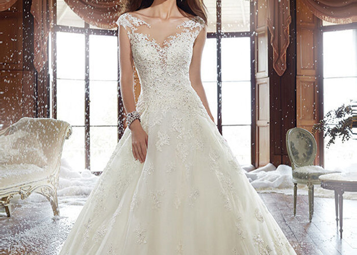 Sleeveless Long Tail Bridal Gown , Ivory Lace Wedding Dress Back Bandage Style