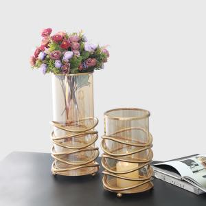China Table wedding centerpieces decorative glass flower vase with metal holder base glass cylinder vase wholesale