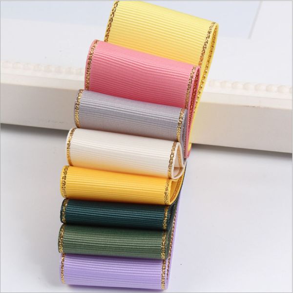 Elegant And Thin Satin Polyester Fancy Ribbon With Gold Edge Solid Grosgrain Ribbon
