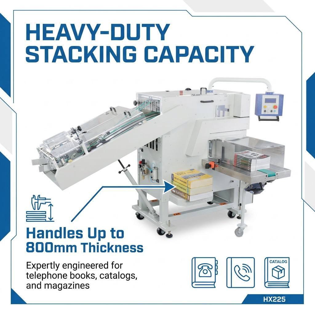 HX225 Perfect Bindery Book Stacker engineered for handling thick bound publications with consistent performance