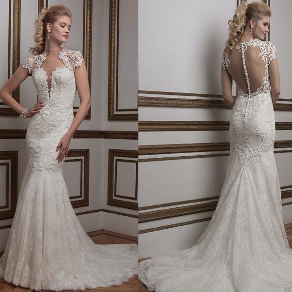 New Arrival Romantic White Perspective Lace Slim Waist Deep V Mermaid Wedding