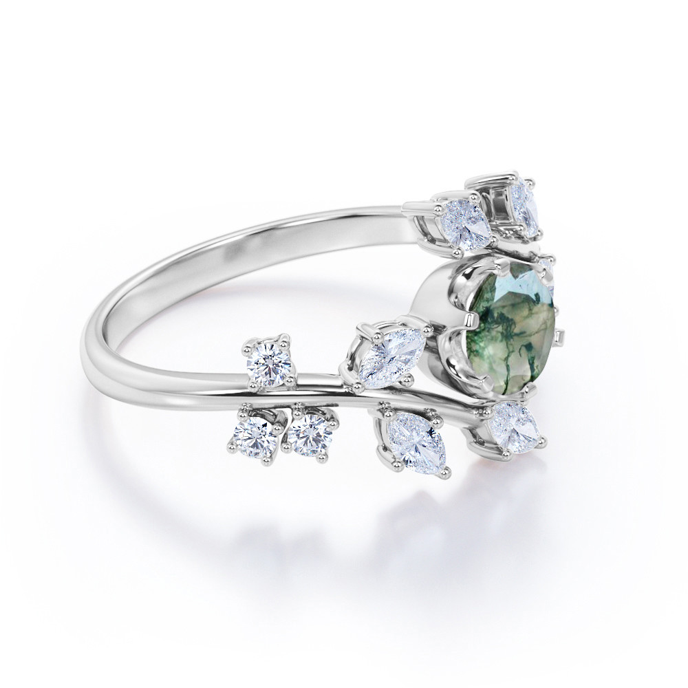 Branch Leaf Design 6 Prong Round Shaped Opaque Moss Green Agate And Moissanitet Ring