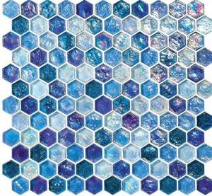 China Hexagon blue water waving glass mosaic tile for bathroom decoration on sale