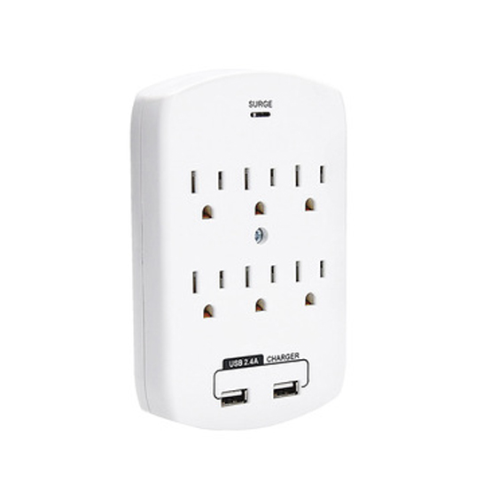 Wall Power Socket And Wall Tap One Input 6 Outlet 2 USB Surge UL cUL passed