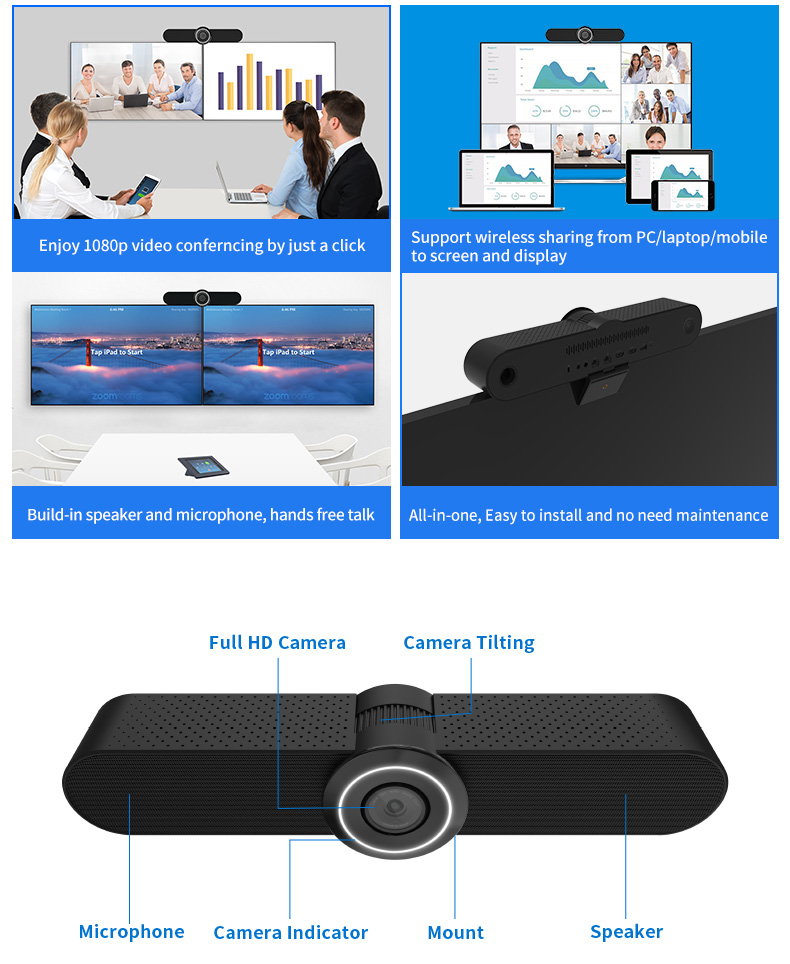 all in one video conference system build in miarophone array and speskerphone,4K ePTZ camera for home office and business