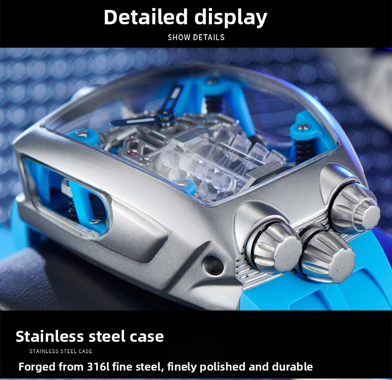 OBLVLO Bugatti‑Inspired V16 Engine Skeleton Automatic Watch, Men’s Tonneau‑Shaped Thick Mechanical Wrist Watch