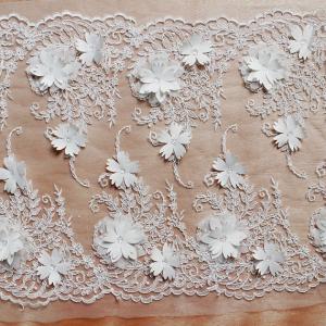 China Beautiful White 3D Flower Lace Fabric , Double Edge Alencon Beaded Lace Fabric wholesale
