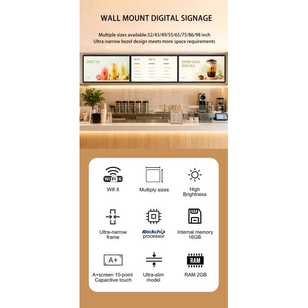 Ultra Thin 55 Inch LCD Advertising Player Interactive Touch Digital Signage Vertical Wall Mounted Display for Elevator