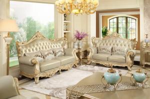 China Luxury Classic French design of Living room Sofa sets 1+2+3  used Beech wood fame and Import Italy Leather upholstered wholesale