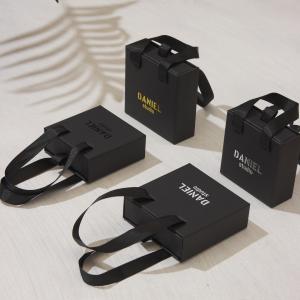 China Custom Logo Printed Black Cute Slide Jewelry Packaging Display Gift Box With Ribbon Handle wholesale