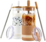 Glass Cups With Lids and Straws -20 Fl Oz- Perfect Size Iced Coffee Cup -