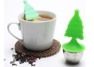 China BPA Free Christmas tree Stainless Steel reusable silicone tea bags Silicone Handle with Drip Tray wholesale