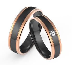 China Black stainless steel with double ring rose gold inset zircon couple ring wholesale