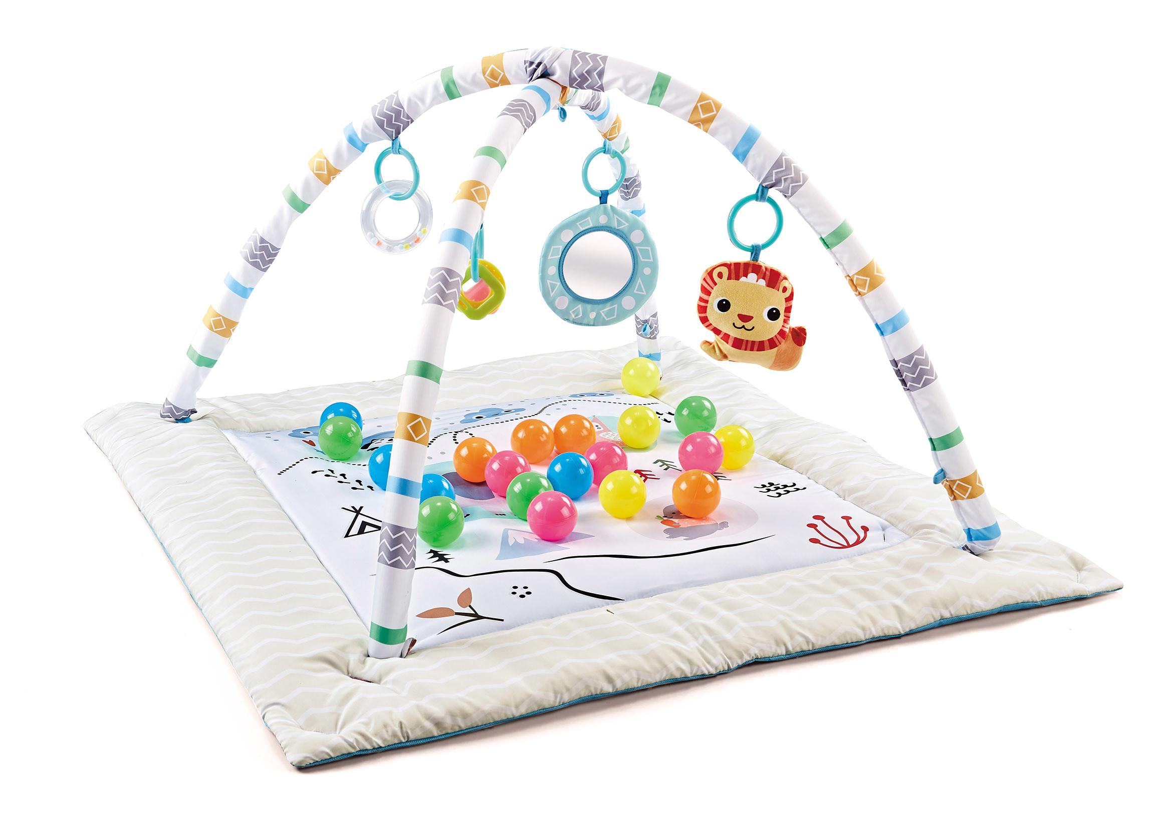 Activity Play Mat & Ball Pit, with High Contrast Toys & Self-Discovery Mirror & Tummy Time Pillow for Sensory and Motor