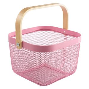 China Pink 24cm Cube Wire Storage Basket With Wooden Handle Kitchen Use wholesale