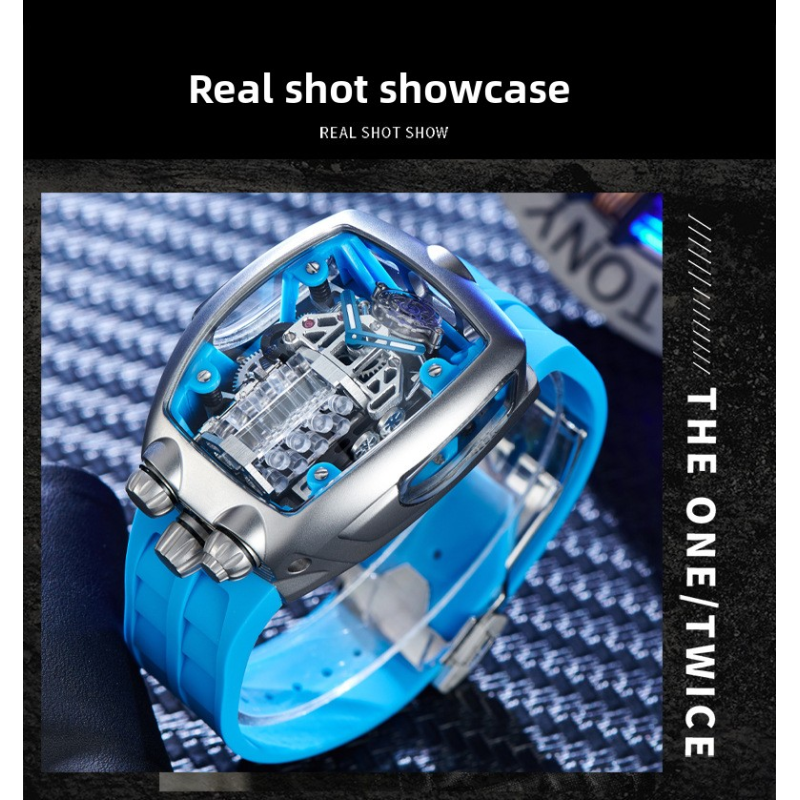 OBLVLO Bugatti‑Inspired V16 Engine Skeleton Automatic Watch, Men’s Tonneau‑Shaped Thick Mechanical Wrist Watch