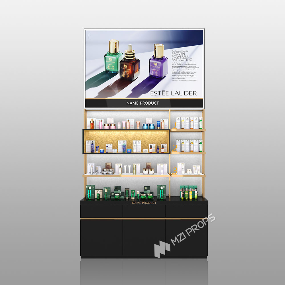 TJiS-B2 Shiny Silver Wallpaper Skincare Display Cabinet with 40mm Light Box