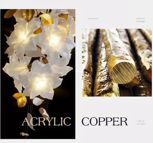 Copper + Imitation Jade Flowers Light Luxury Hotel Loft Villa Crystal Staircase Chandelier