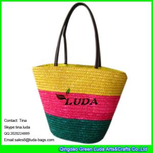China LUDA wheat straw bag rainbow multi-colored striped tote handbag shopper beach wholesale