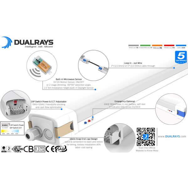 DUALRAYS D5 LED Moisture-proof Light with DIP Switchable Power/3CCT 160LPW Efficiency with Quick snap end-cap for easy installation, sliding gear