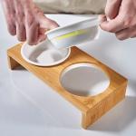 Elevated Double Bowl Frame Pet Ceramic Bowl Bamboo Wood Stand Ceramic Dog Bowls