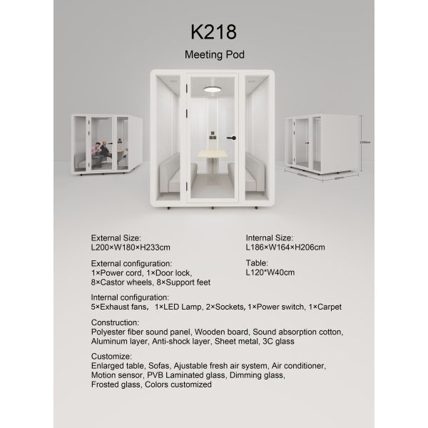 Office Pod with STC35dB(±5dB)/RT0.25S Acoustic Performance Variable Fresh Air System and AI Application Meeting Pod