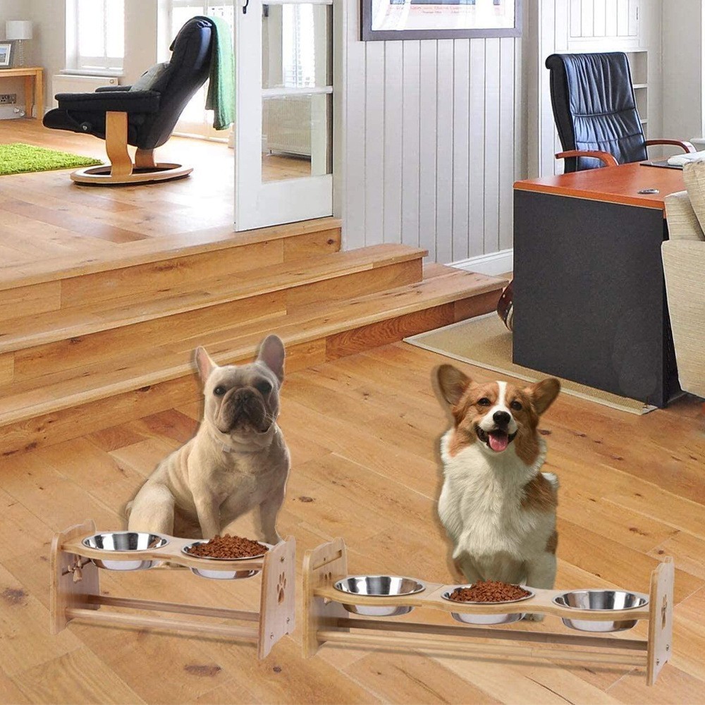 Wooden Rack Pet Feeder Bowls Adjustable Elevated Dog Bowl Customized