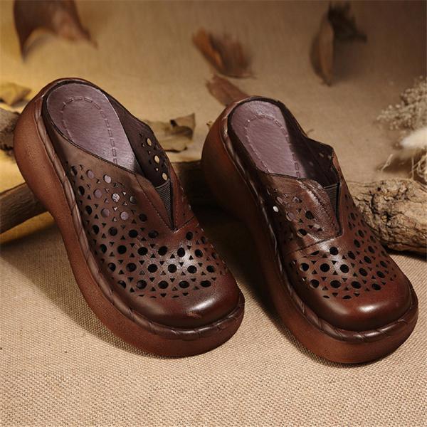S014 Handmade original casual hollow sponge cake bottom leather women's shoes