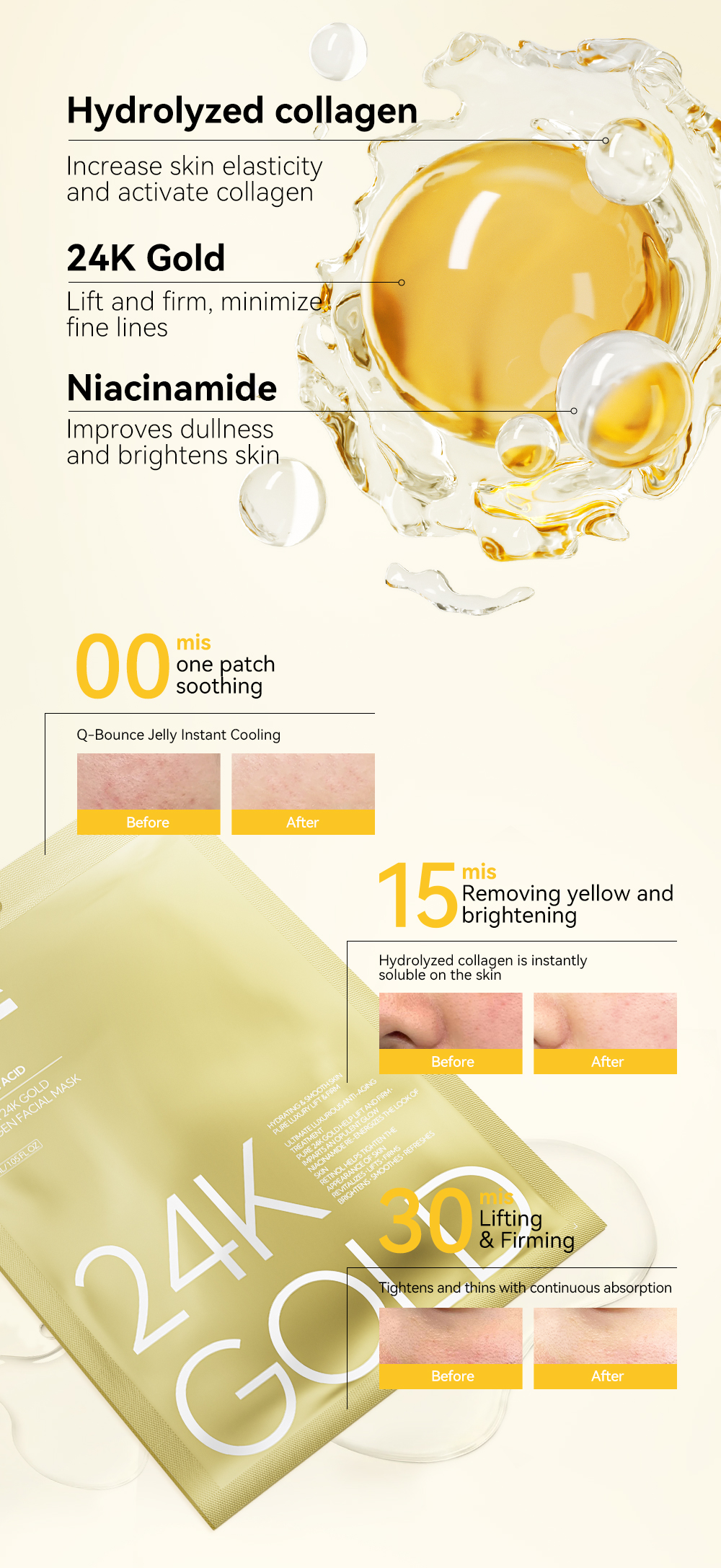 24K Gold Collagen Facial Face for Women Anti Aging Facecare Face Mask for Sensitive Skin