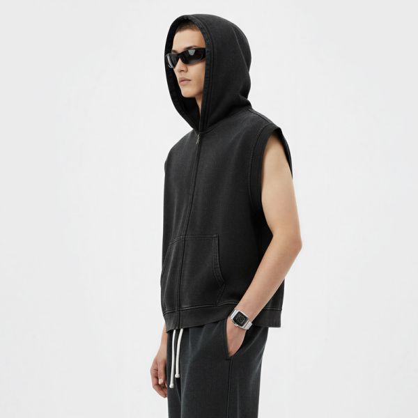 Retro Winter Washed Stir Fried Snowflake Distressed Effect Zipper Loose Edge Shoulder Mouse Bag Heavyweight Hoodie Hooded Vest