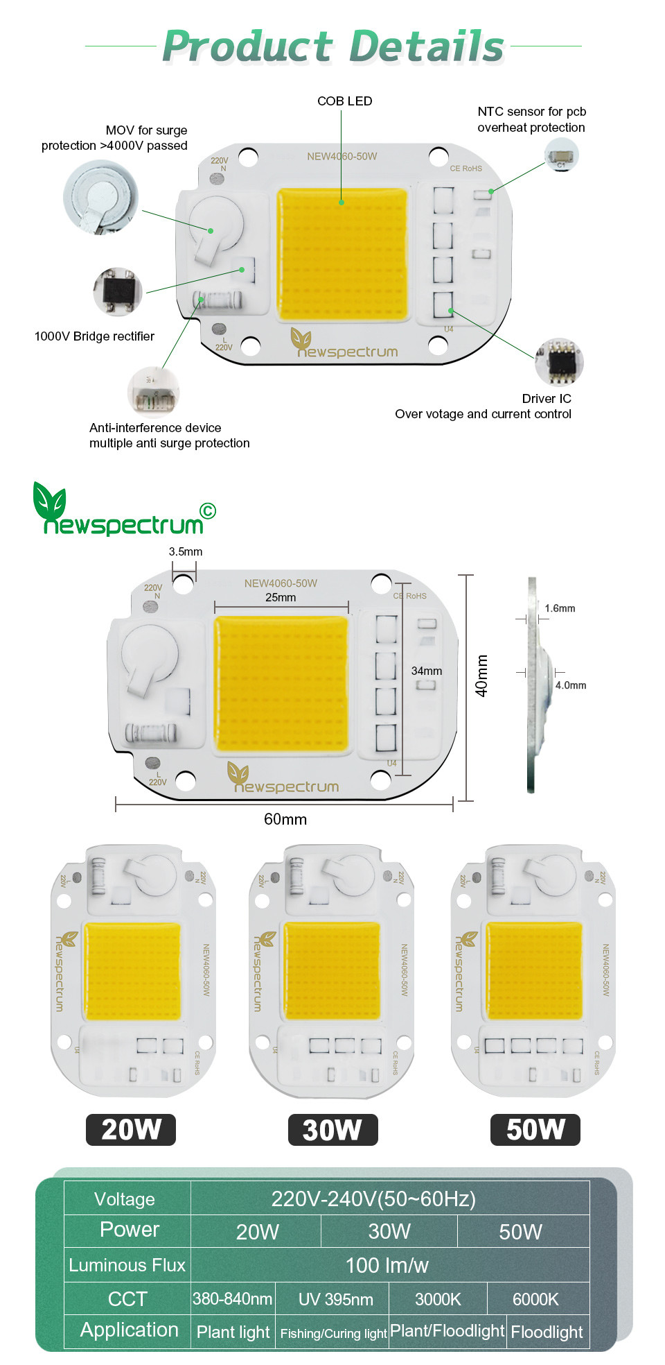 Driverless COB LED Module COB Chip Power 30W Led Grow Light Chip