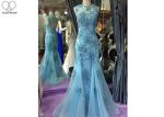Blue Mermaid Style Prom Dress , High Collar Evening Gown Open Back Tulle Bottom