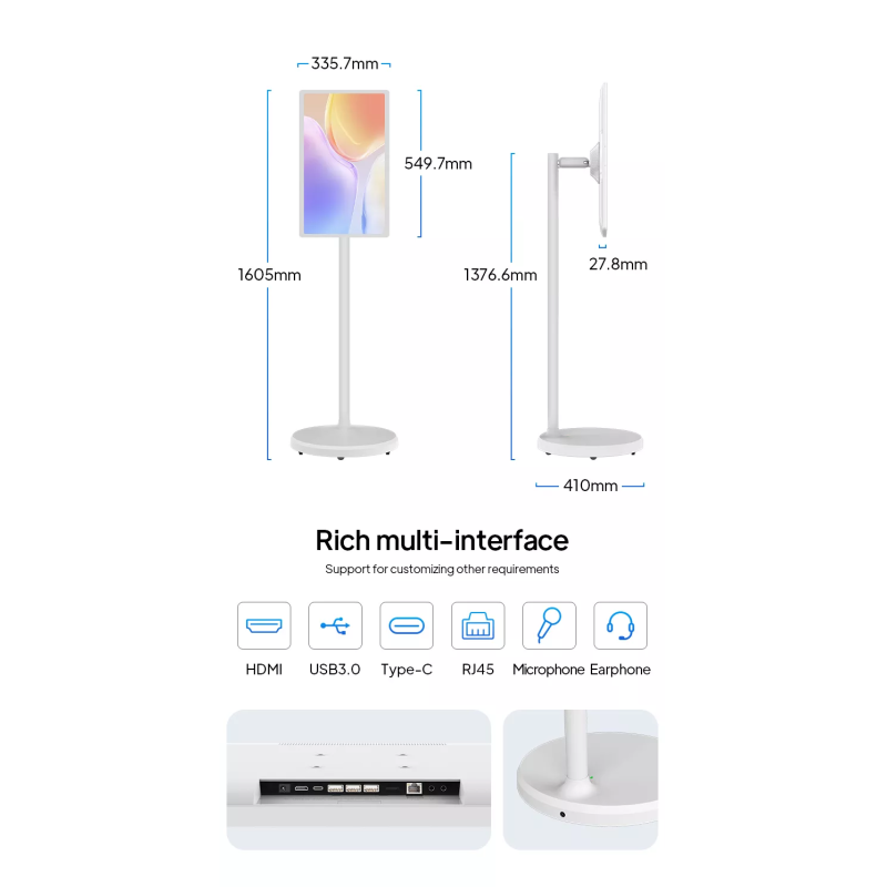 32 Inch Movable Smart Display with Wheels Height Adjustable Screen Wireless Android Tablet Gym Live Stream Factory