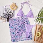 Women's 3-piece Swimsuit with Striped Printed Pleated Skirt