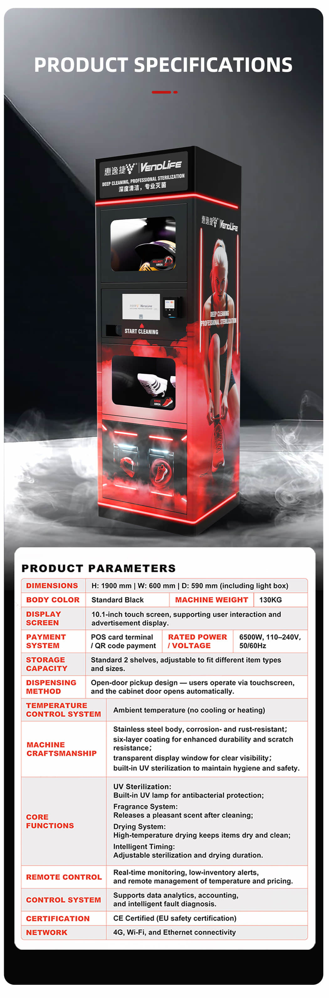 Smart Helmet Cleaning Vending Machine with UV Sterilization, Automatic Drying, Deodorizing System and QR Card Payment for Motorcycle Shops, Gyms and