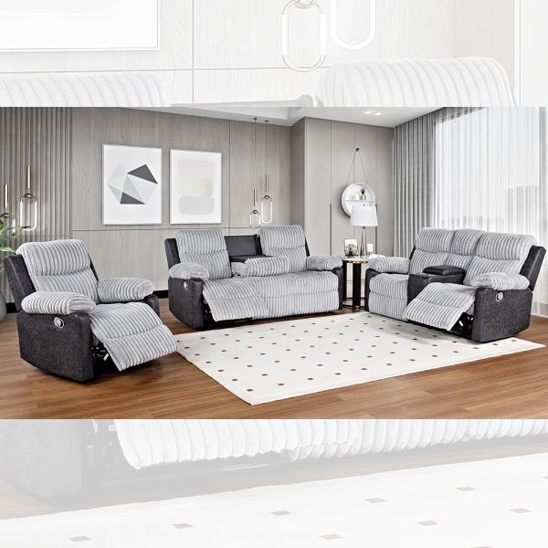 Recliner Sofa set with Dropdown Table and Storage Box, Gray & Dark Gray Fabric