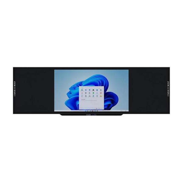 A wide dark smart board displaying a desktop background on its center screen