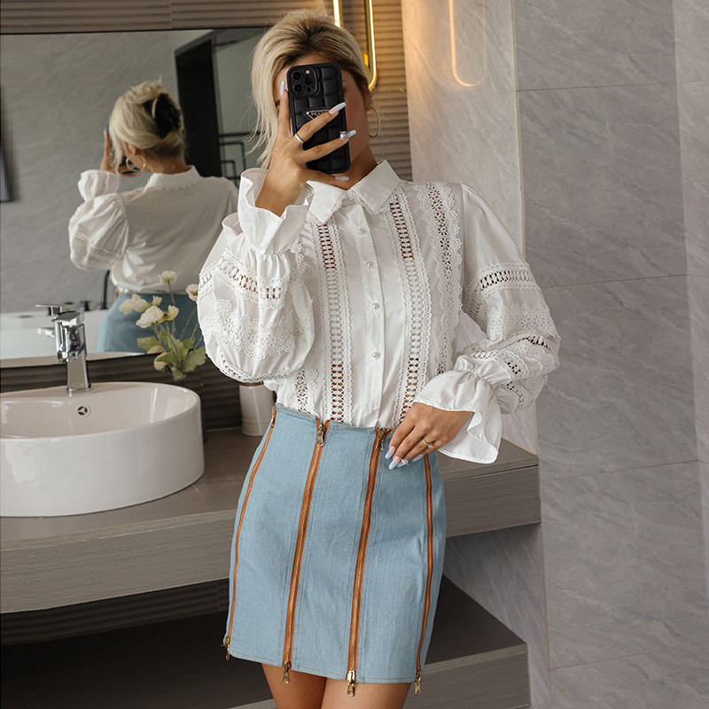 Longn Sleeved High Neck Flared Blouse Chic White High Waisted Lace Tops With Stand Collar For Women