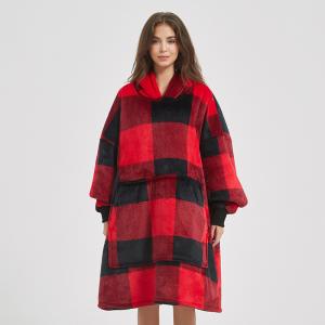 China Customizable Plaid Hooded Blanket Oversized Sherpa Hoodie Blanket Unisex wholesale