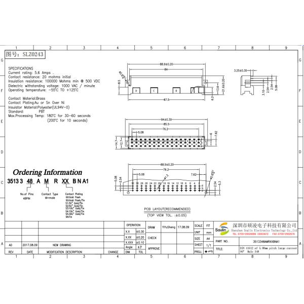 48 Pin DIN41612 High Current PCB Connector 5.08mm Pitch Tin Plating