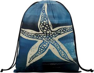 China Summer Starfish Drawstring Grip Bags Dark Blue Ocean Animals String Bag Outdoor Sports Storage Bag Lightweight Durable wholesale