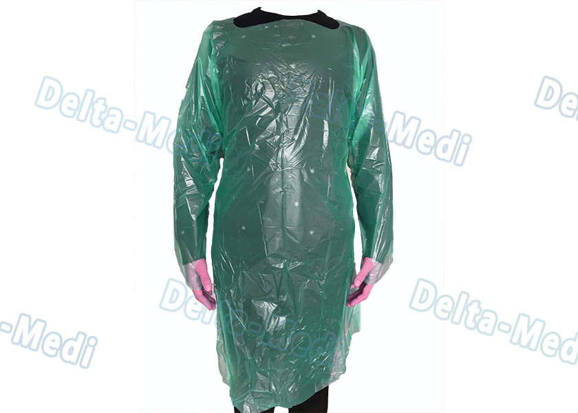 Green CPE Disposable Plastic Gowns , Anti Liquid Long Sleeve Hospital Gowns