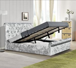 China Crush Velvet Gas Lift Storage Bed OEM Silver Upholstered Double Bed Frame wholesale