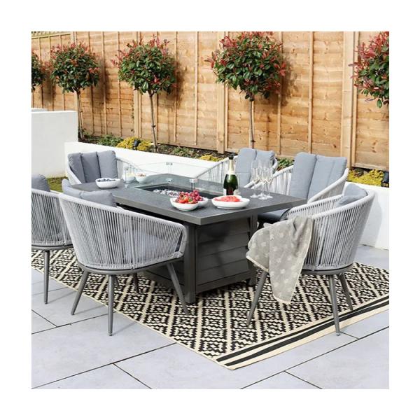 Metal AJUNION 6 Seater Outdoor Furniture with Fire Pit Table and Rope Weave