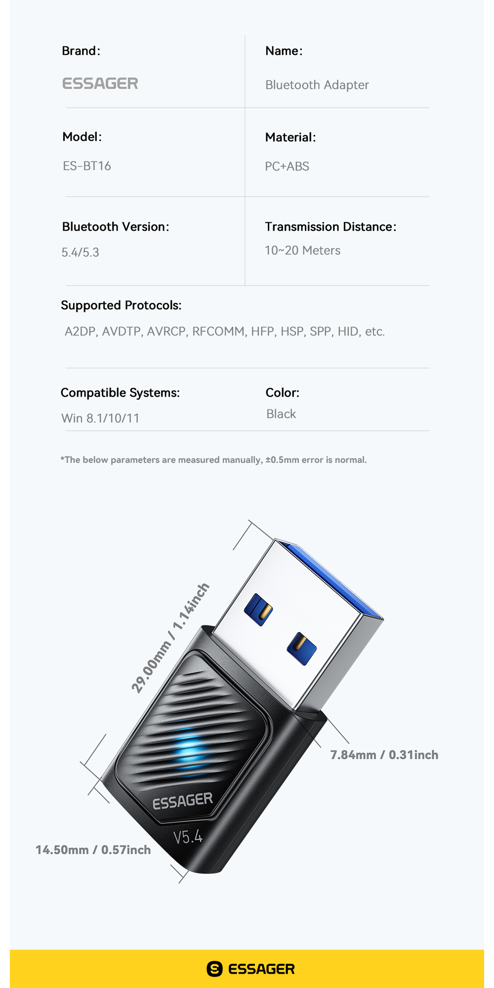 ESSAGER ES-BT16 USB Wireless Bluetooth Adapter For Pc Computer Win 8.1 10 11